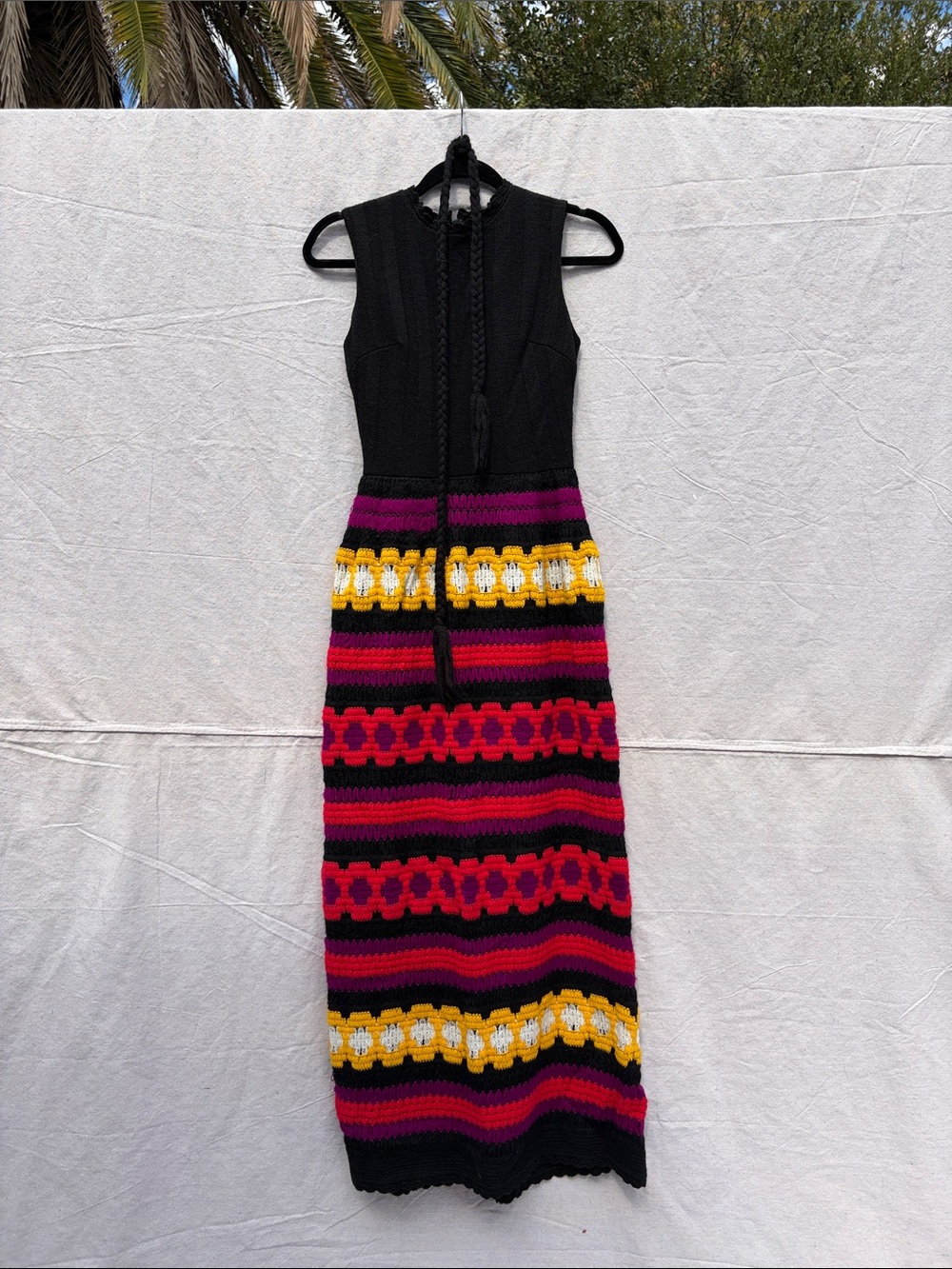 Black Sleeveless Maxi Dress with Pink, Red and Yellow Stripes